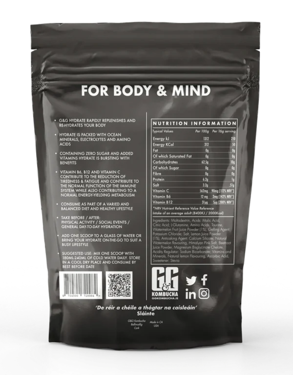 G&G, Kombucha Hydrate Watermelon & Lemon Juice 312g