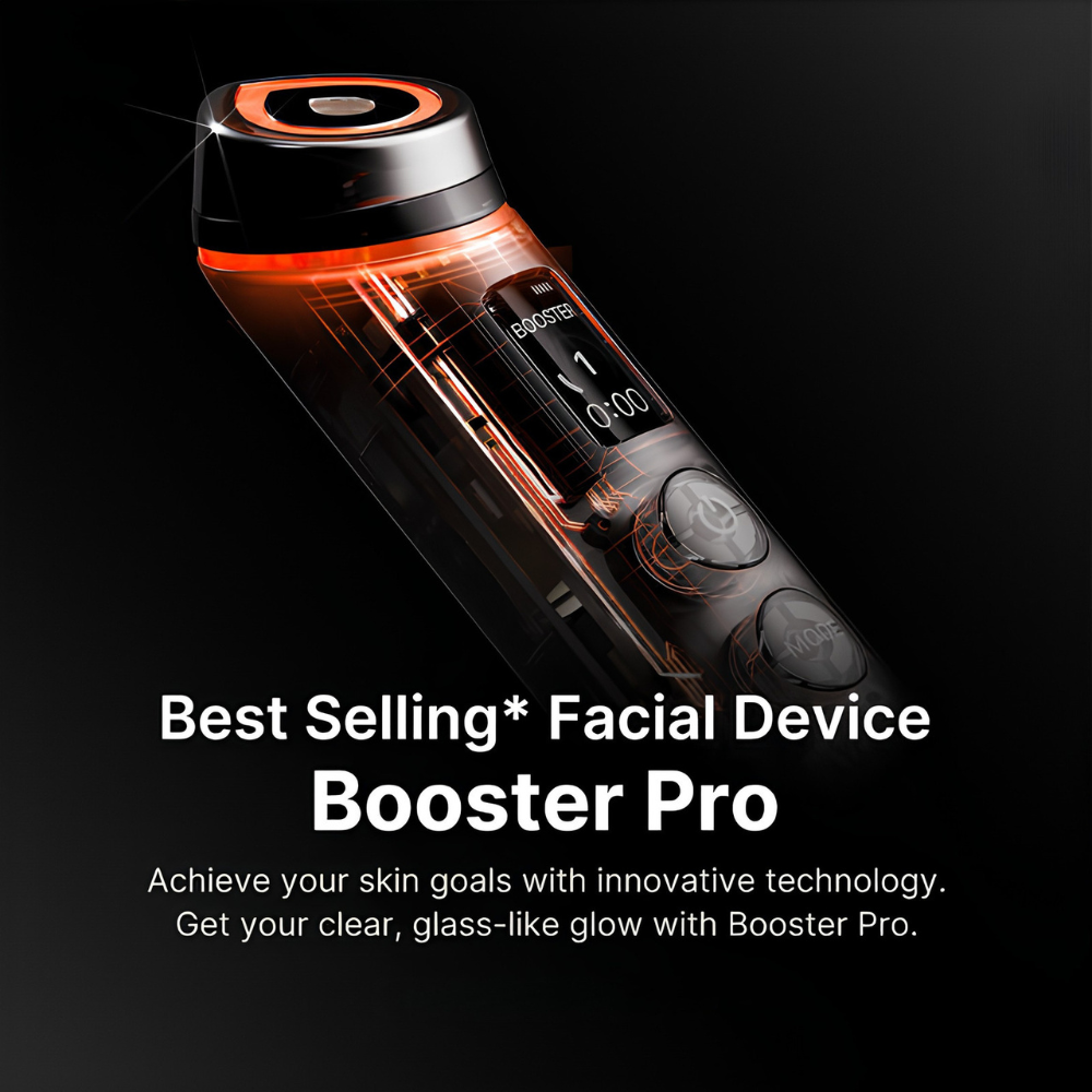 Facial device Booster Pro on a black background with promotional text.