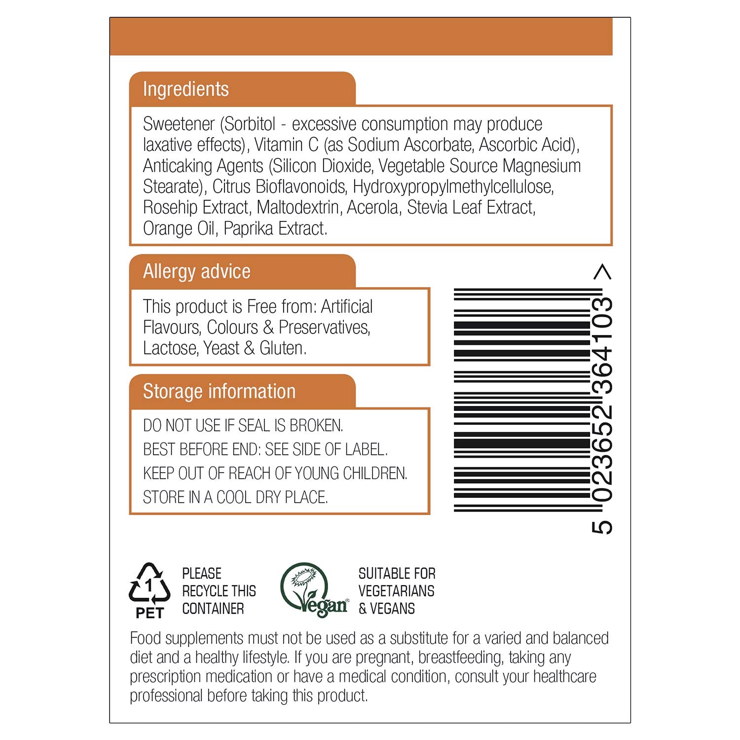 Natures Aid, Vitamin C 500mg Chewable 100 Tablets Default Title