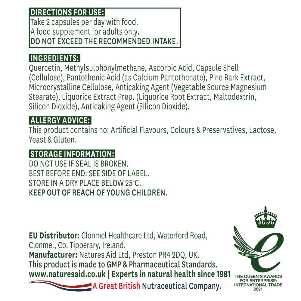 Natures Aid, Quercetin Formula With Vitamin B5, Pine Bark Extract, MSM & Liquorice 90 Capsules