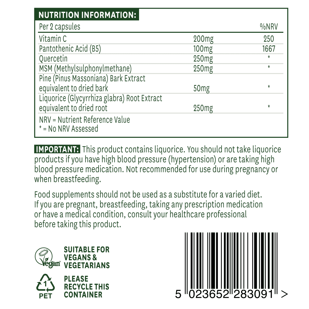 Natures Aid, Quercetin Formula With Vitamin B5, Pine Bark Extract, MSM & Liquorice 90 Capsules