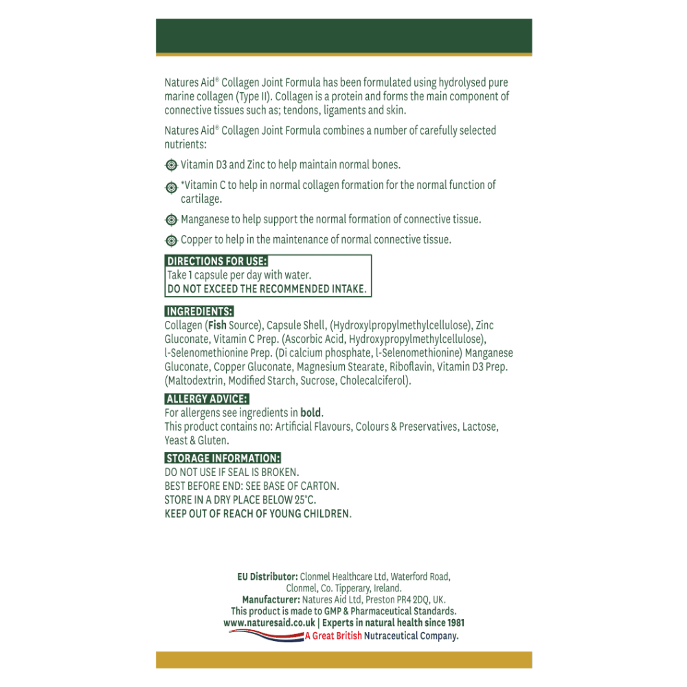 Natures Aid, Collagen Joint Formula With Vitamin D3 & Zinc 60 Capsules