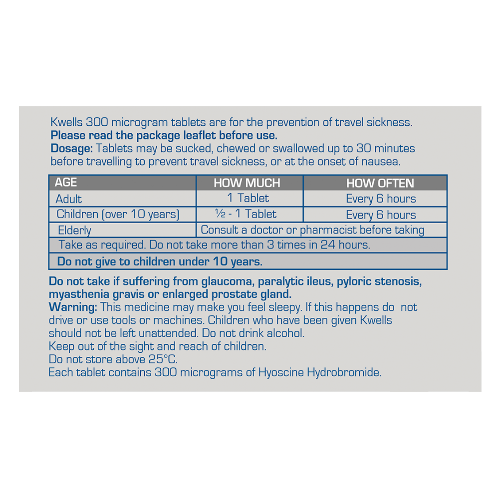 Kwells, Travel Sickness 300 Microgram 12 Tablets