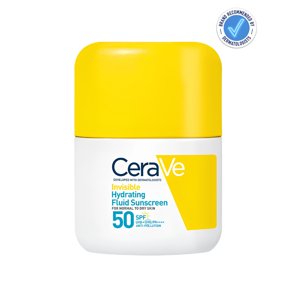 CeraVe Invisible Hydrating Fluid Sunscreen SPF 50 in a white and yellow plastic jar, shown on a plain white background with a Dermatology Institute brand recommendation badge in the top right corner.