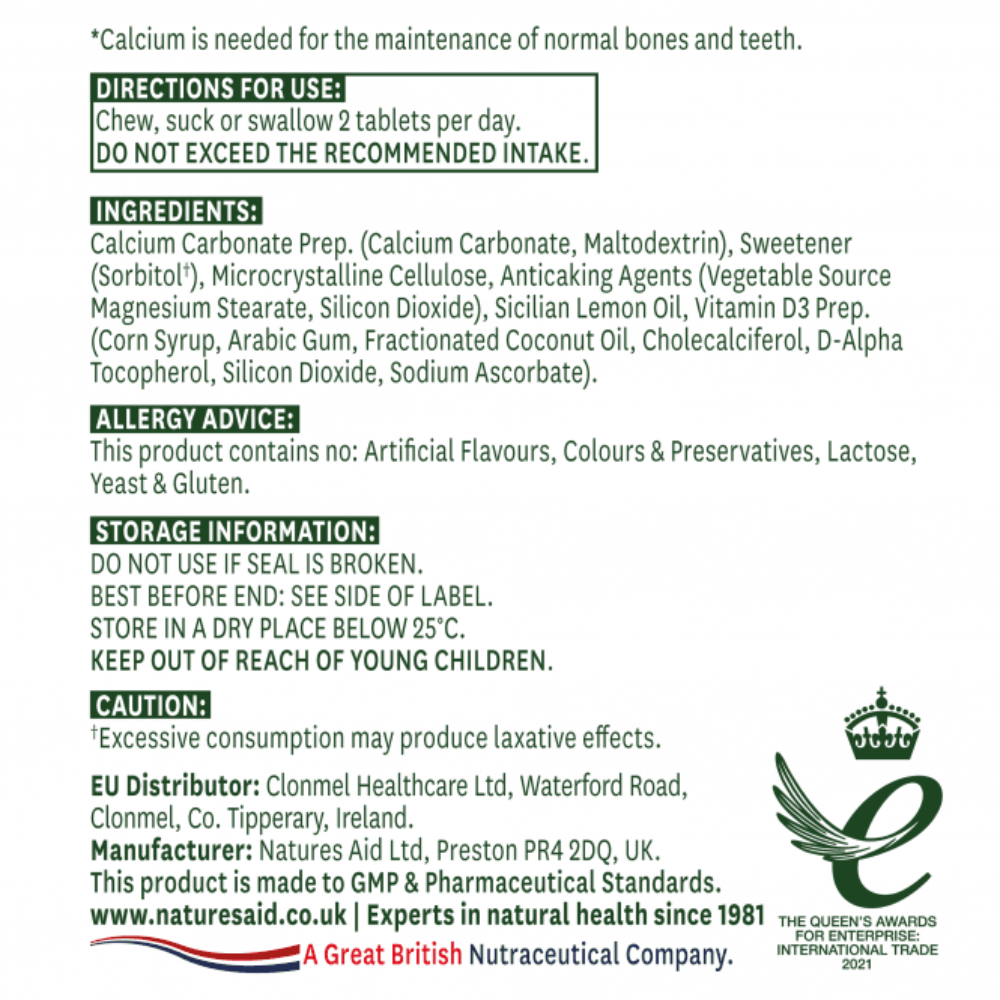 Natures Aid, Calcium 400mg With Vitamin D3 Chewable 60 Tablets