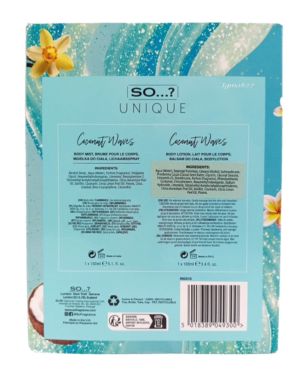 SO…? Unique Coconut Waves Gift Set Body Mist & Body Lotion Coconut Water Vanilla