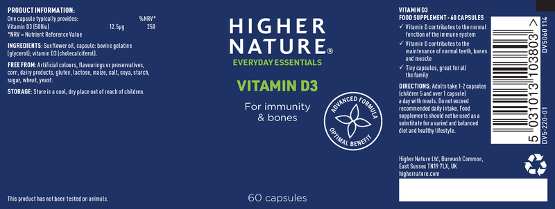 Higher Nature, Vitamin D 500iu 120 Capsules Default Title