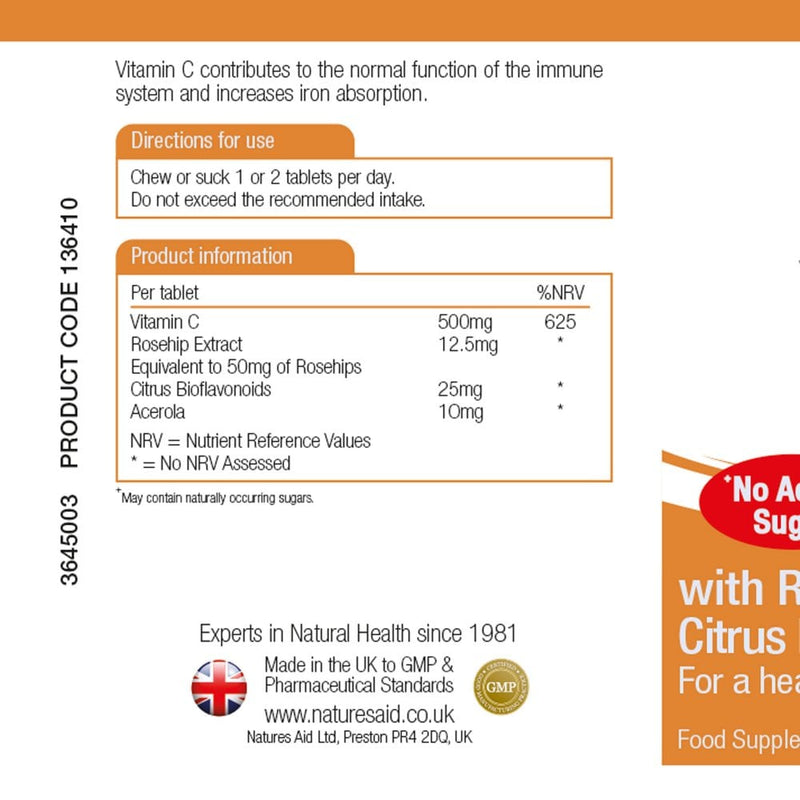 Natures Aid, Vitamin C 500mg Chewable 50 Tablets Default Title