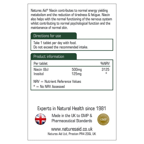 Natures Aid, Vitamin B3 Niacin 500mg (No-Flush) 60 Tablets Default Title
