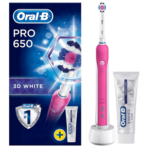 Braun Oral-B, Pro 650 3D White Rechargeable Toothbrush Pink Edition + Bonus Toothpaste