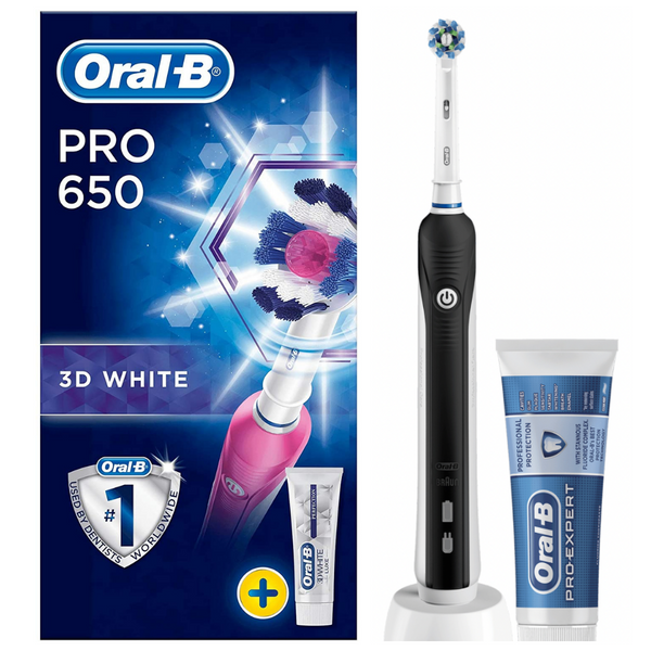Braun Oral-B, Pro 650 3D White Rechargeable Toothbrush Black Edition + Bonus Toothpaste